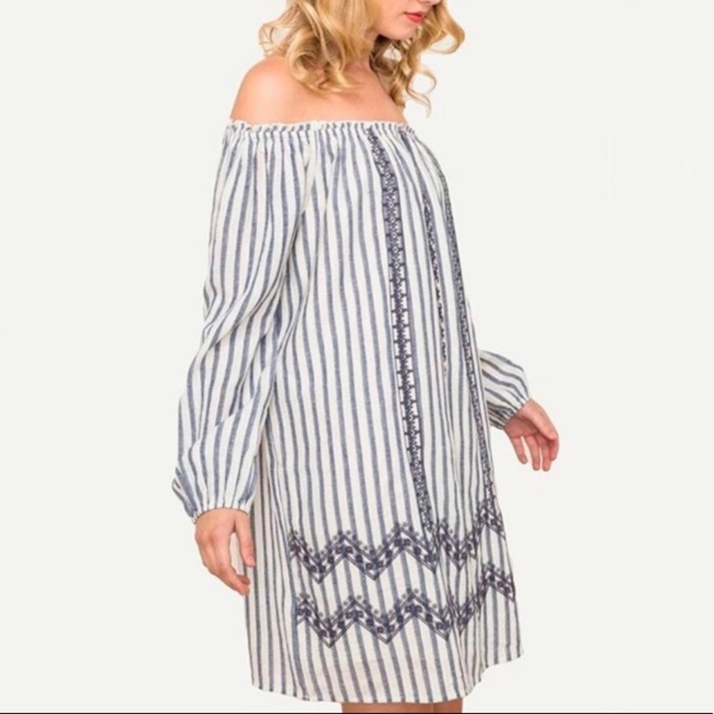 Mystree | Blue & White 100% Cotton Striped Embroidered Dress Off Shoulder, NWT
